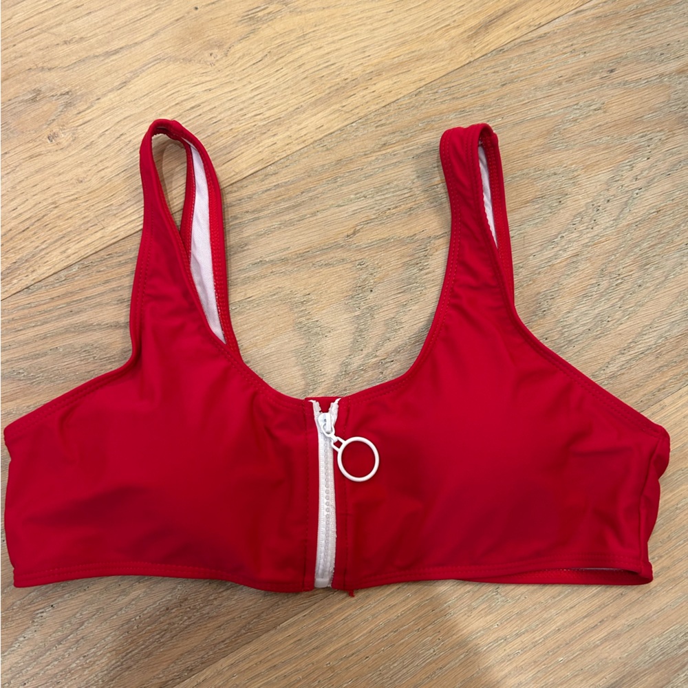 SHEIN Red Front-Zip Bikini Top